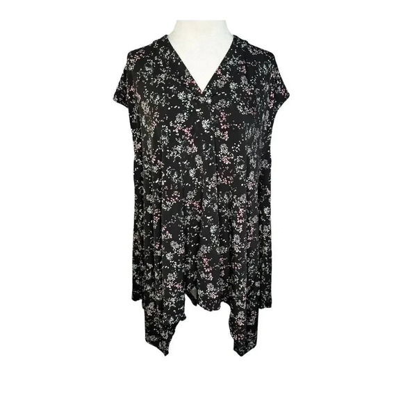 Alfani Women's Floral V-Neck Handkerchief Hem Tank Top‎ Black Size Large EUC - Picture 1 of 8